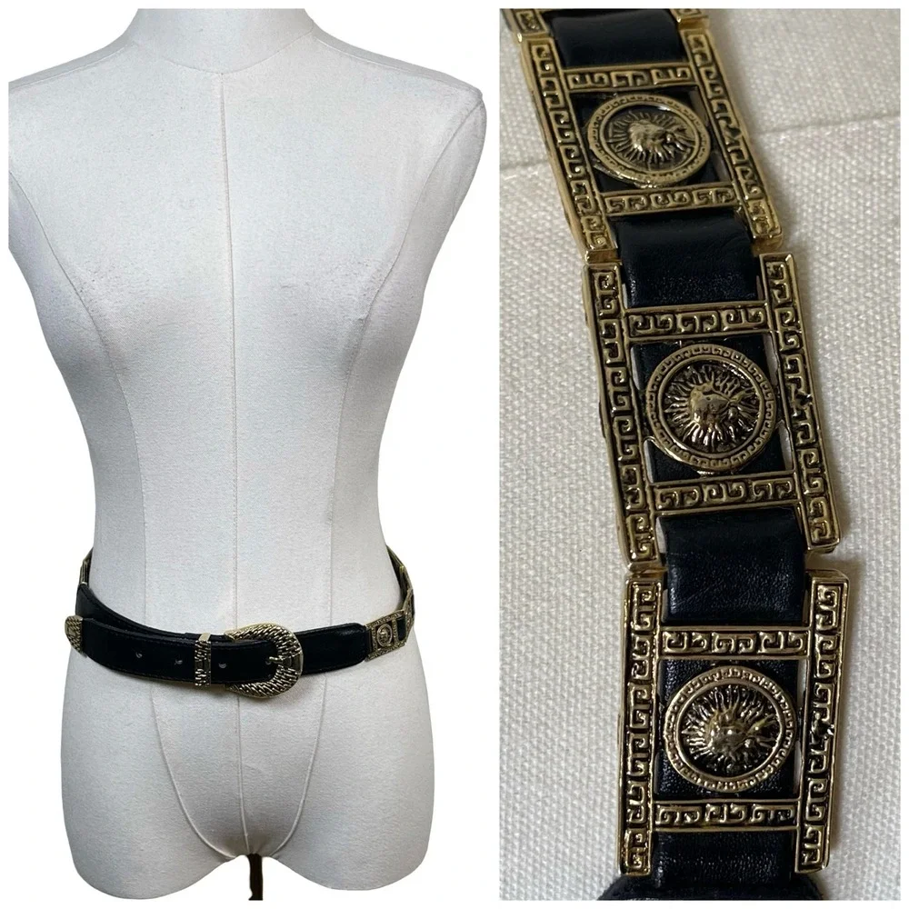 Vintage Ekin Deri Belt Women Black Gold Medusa Lion Head Greek Key Baroque